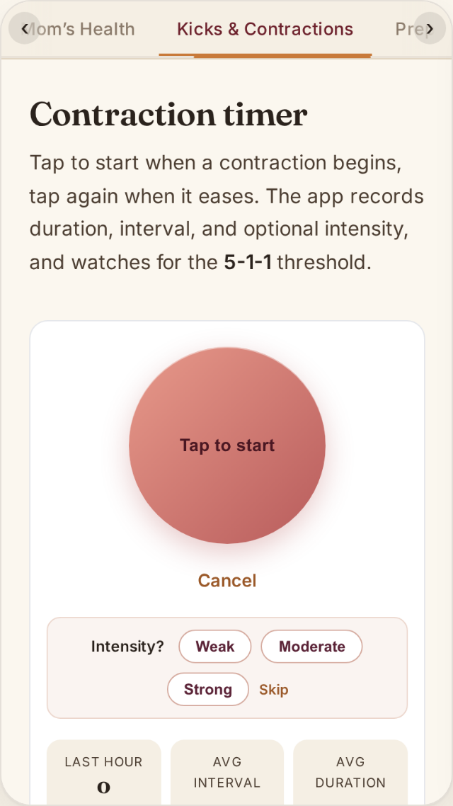 Contraction timer with a large tap-to-start control and running averages for interval and duration.